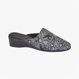 Sleepers PRIYA Womens Mules Slippers Black/Silver side view showing elegant pattern and low heel design.