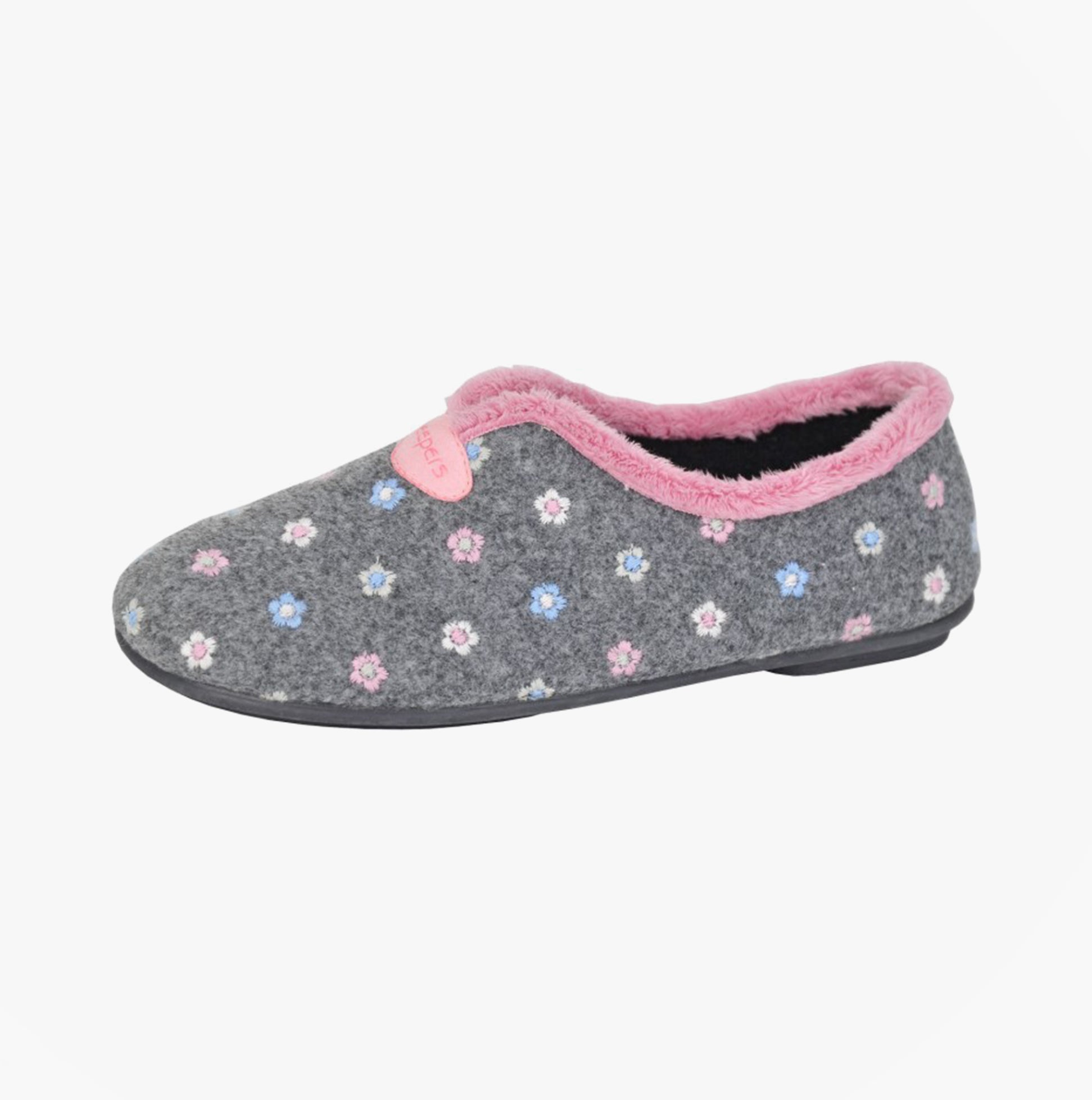 Sleepers CAROL Womens Full Slippers Slippers Grey side view with floral pattern and pink trim.