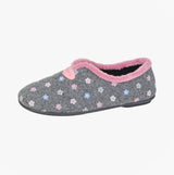 Sleepers CAROL Womens Full Slippers Slippers Grey side view with floral pattern and pink trim.