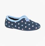 Sleepers CAROL Womens Full Slippers Slippers Navy side view with floral design and light blue collar.