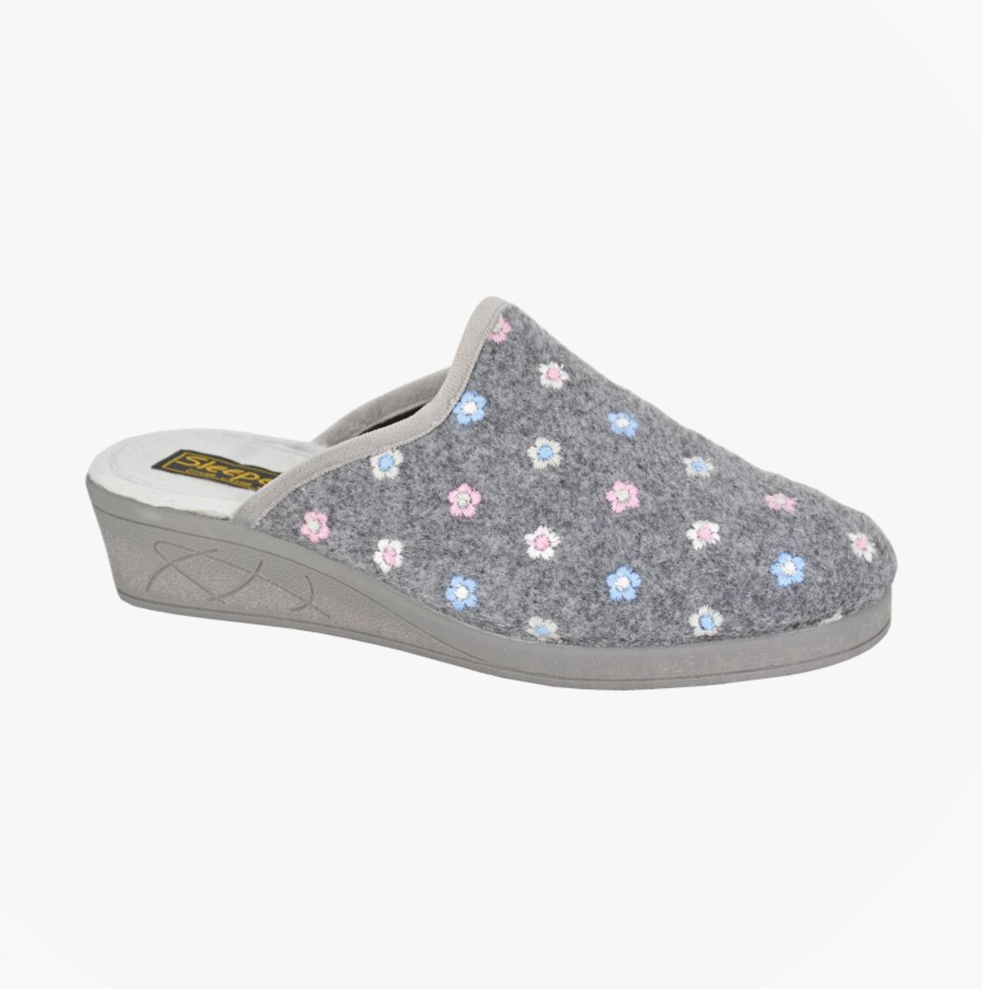 Sleepers JOSEPHINE Womens Mules Slippers Grey side view showing floral design and low heel.