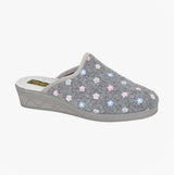 Sleepers JOSEPHINE Womens Mules Slippers Grey side view showing floral design and low heel.