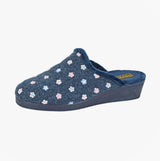 Sleepers JOSEPHINE Womens Mules Slippers Navy side view with floral design and rubber sole.