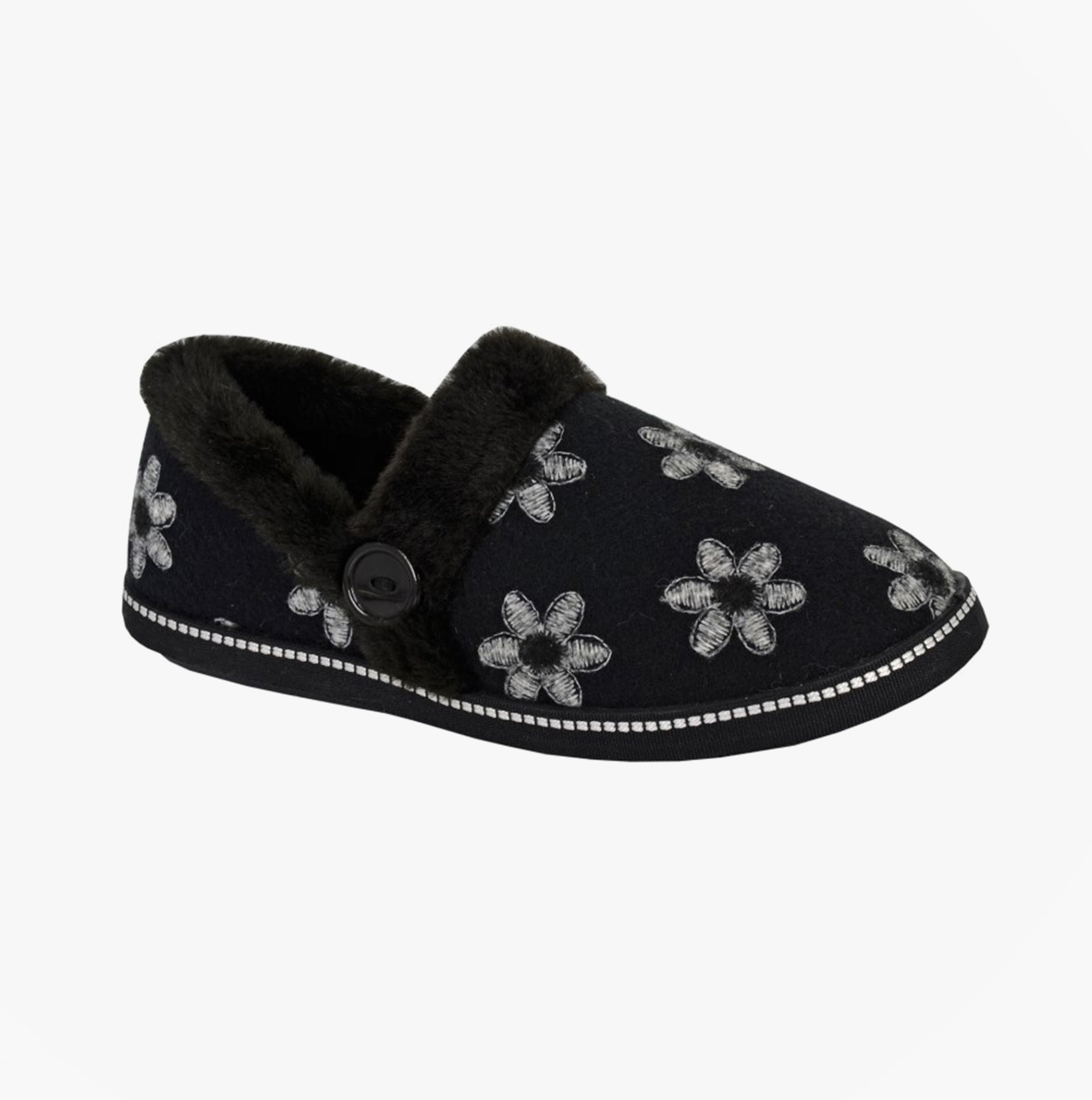 Sleepers TRINA Womens Full Slippers Slippers Black, side view showing floral design and faux fur lining.