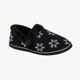 Sleepers TRINA Womens Full Slippers Slippers Black, side view showing floral design and faux fur lining.