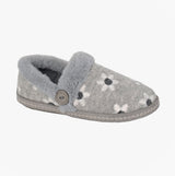 Sleepers TRINA Womens Full Slippers Slippers Grey side view with floral embroidery and faux fur lining.