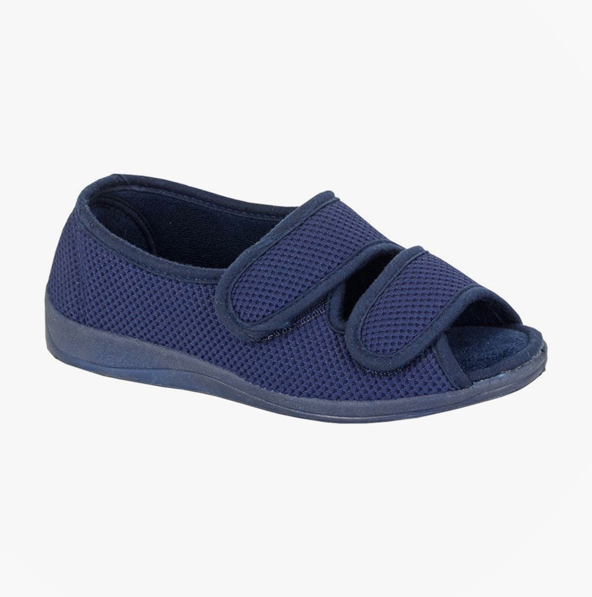 Sleepers DORA Womens Touch Fasten/Velcro Slippers Navy side view showing adjustable straps and rounded toe design.