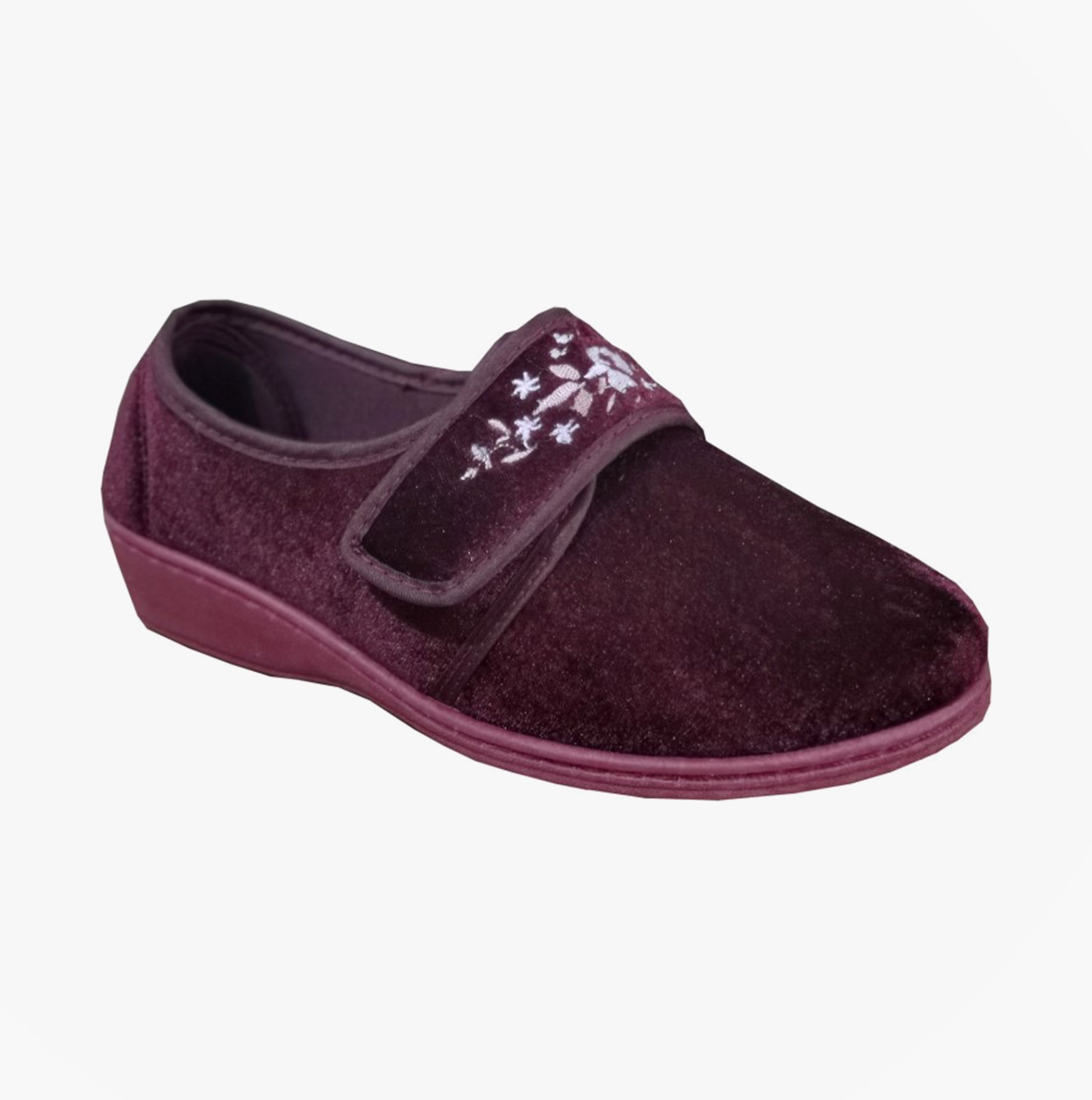 Sleepers ELSIE Womens Touch Fasten/Velcro Slippers Burgundy side view showing touch fasten closure and soft textile material.