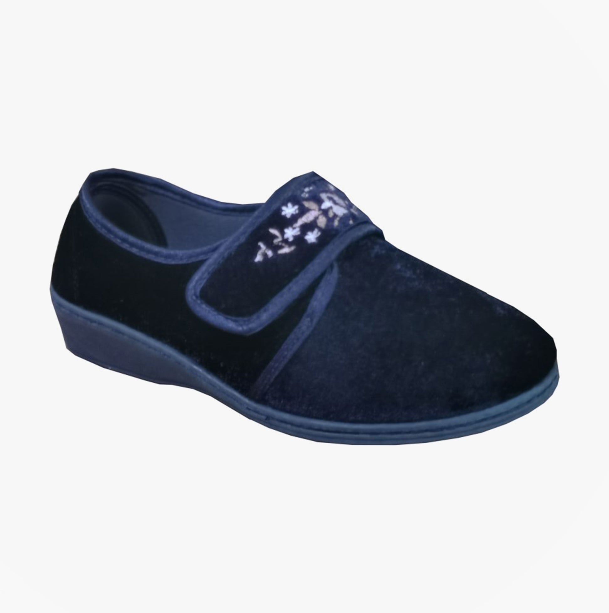 Sleepers ELSIE Womens Touch Fasten/Velcro Slippers Navy side view showing textured upper and floral detail.