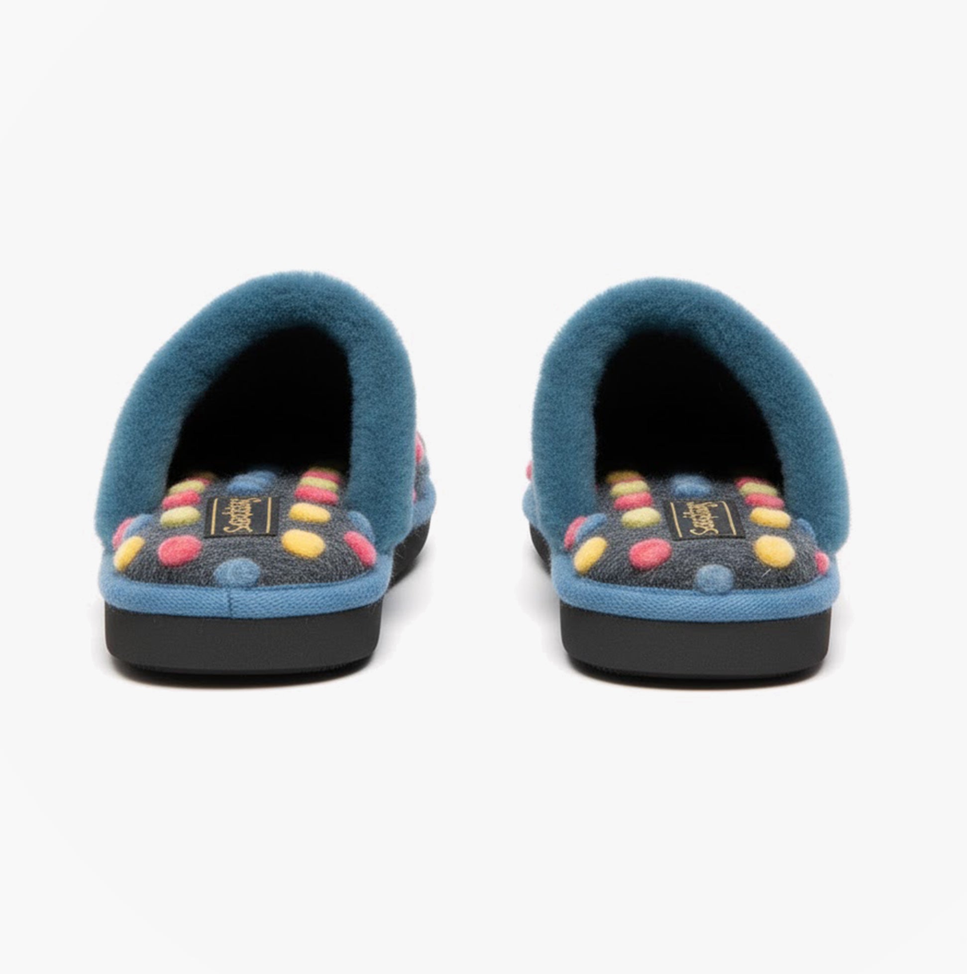 Sleepers DONNA Womens Mule Slippers Blue back view with colorful polka dots and rounded toe design.