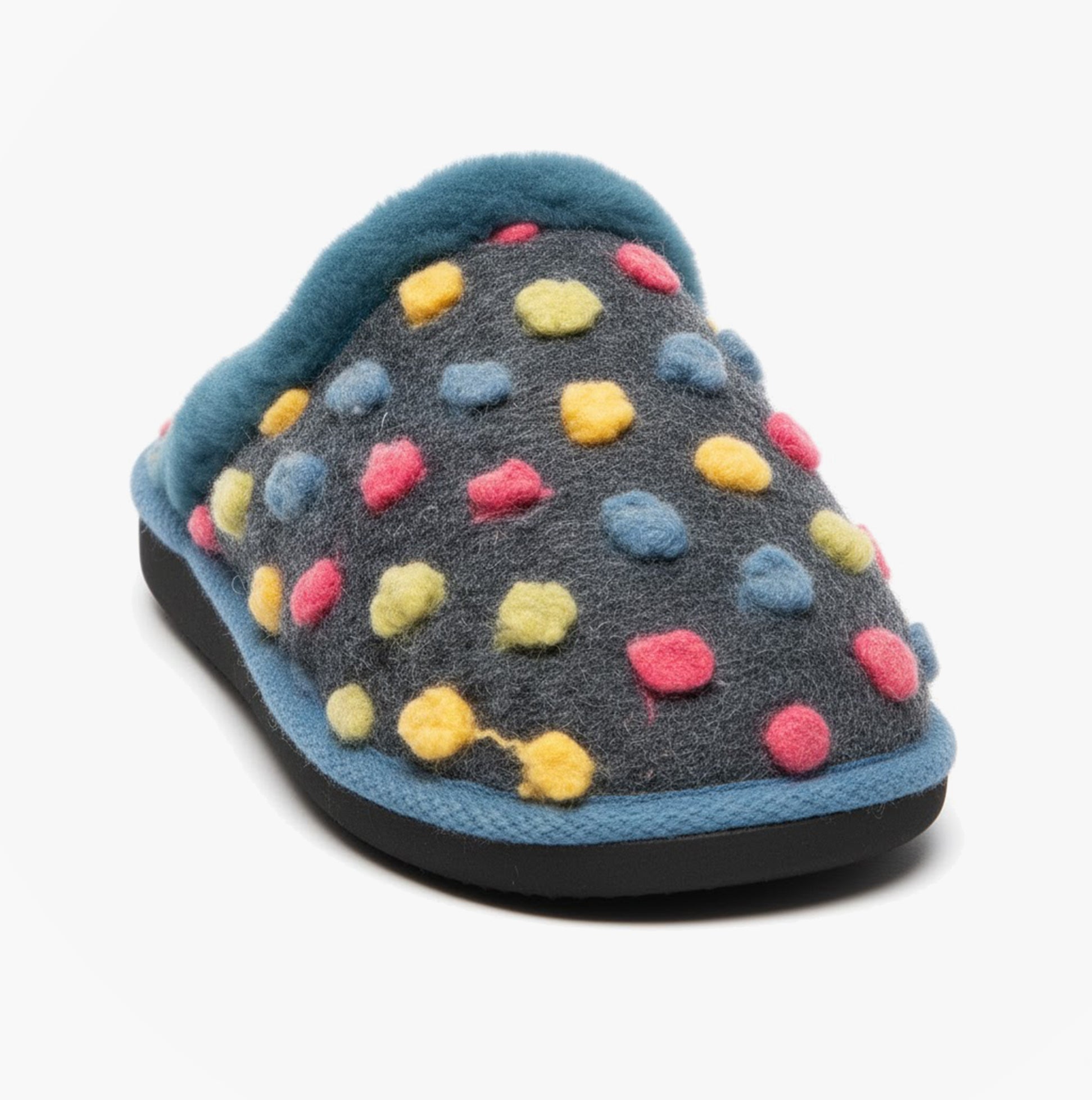 Sleepers DONNA Womens Mule Slippers Blue, front view, featuring colorful polka dots on a textile upper and a soft blue lining.