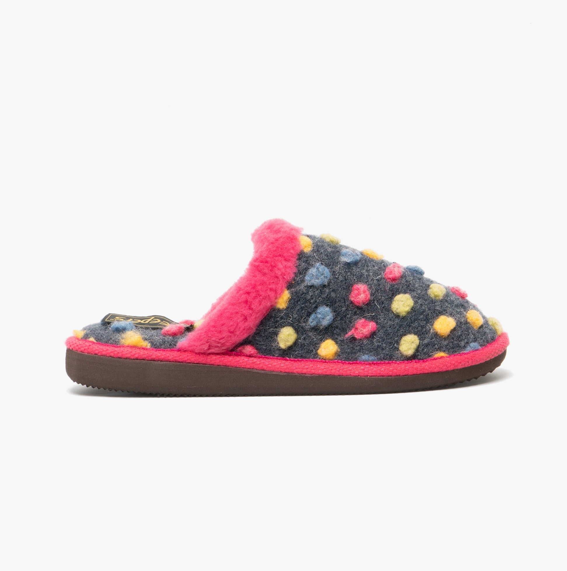 Sleepers DONNA Womens Mule Slippers Fuschia side view with colorful polka dots and pink trim.