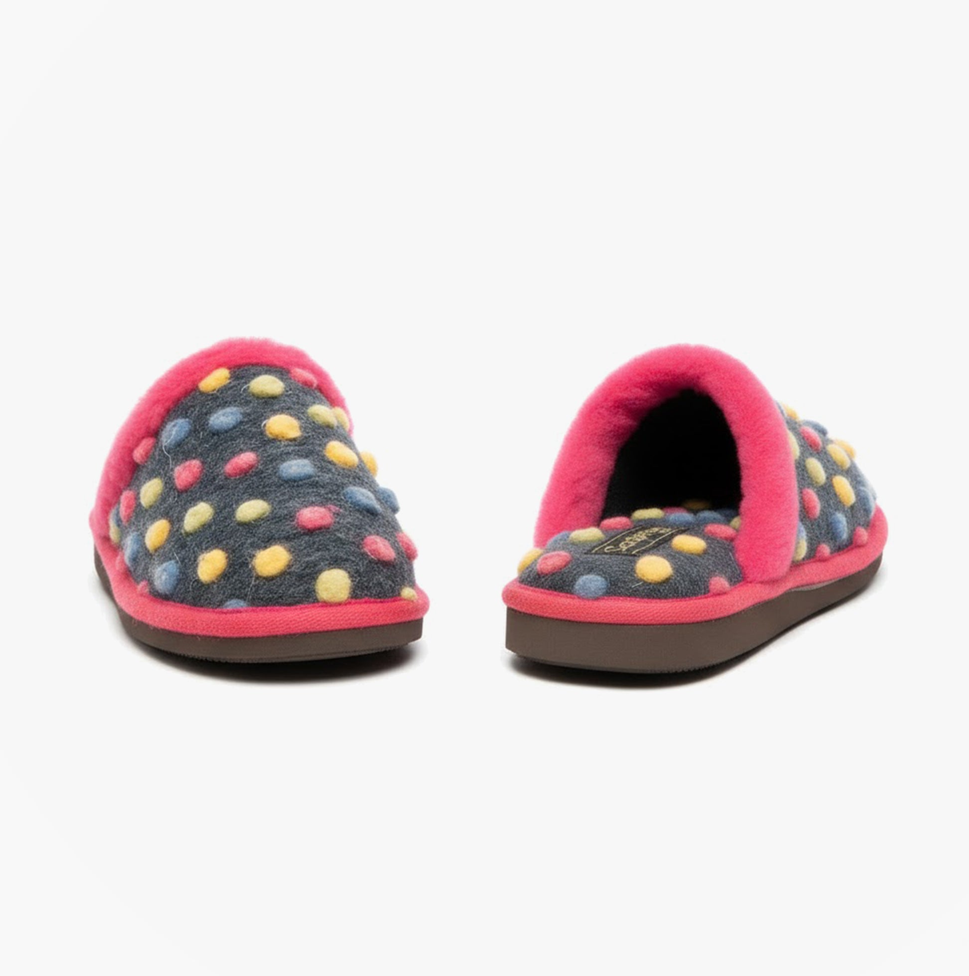 Sleepers DONNA Womens Mule Slippers Fuschia front view, featuring a colorful polka dot pattern on a gray background.