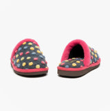 Sleepers DONNA Womens Mule Slippers Fuschia front view, featuring a colorful polka dot pattern on a gray background.