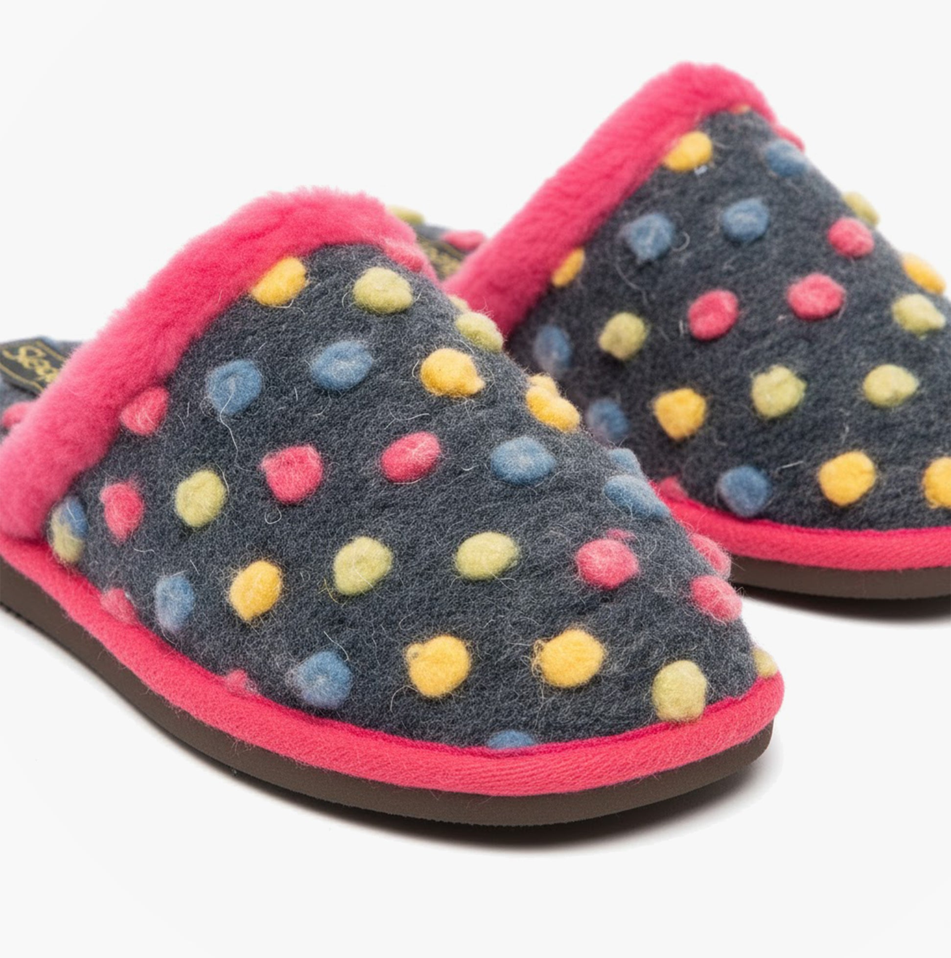 Sleepers DONNA Womens Mule Slippers Fuschia side view showing colorful polka dots and soft upper textile material.