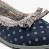 Sleepers LOUISE Womens Full Slippers Navy detail view showing round toe shape and polka dot design.