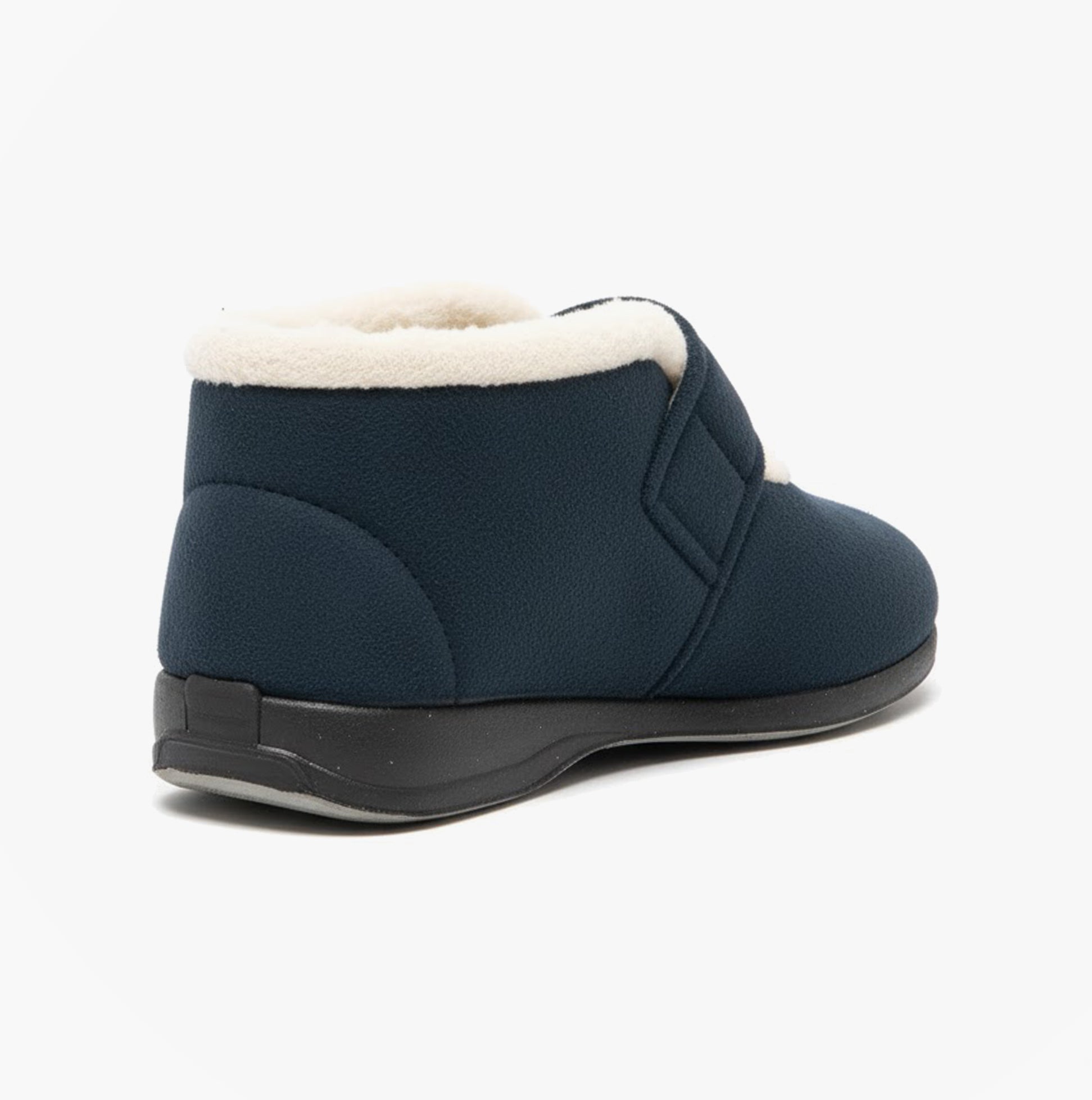 Sleepers AMELIA Womens Boot Slippers Navy side view with touch fasten closure and warm lining.