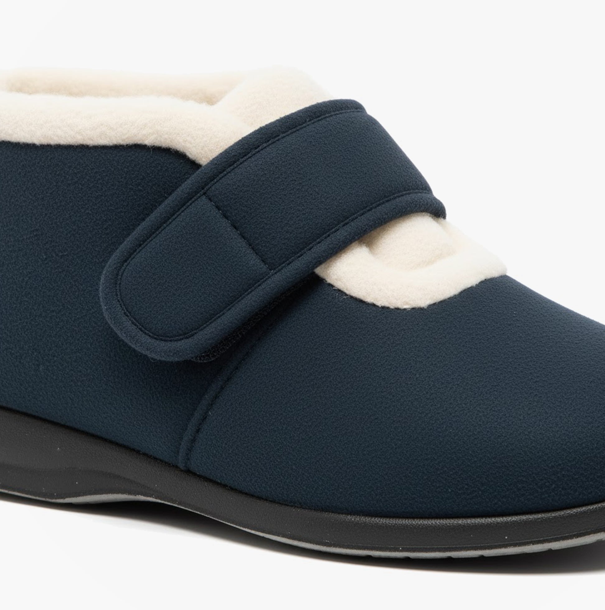 Sleepers AMELIA Womens Boot Slippers Navy, side view, showing touch fasten strap and warm lining details.