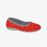 Sleepers ISLA Womens Full Slippers Slippers Red/Grey side view showing colorful polka dots design and soft microfibre upper.