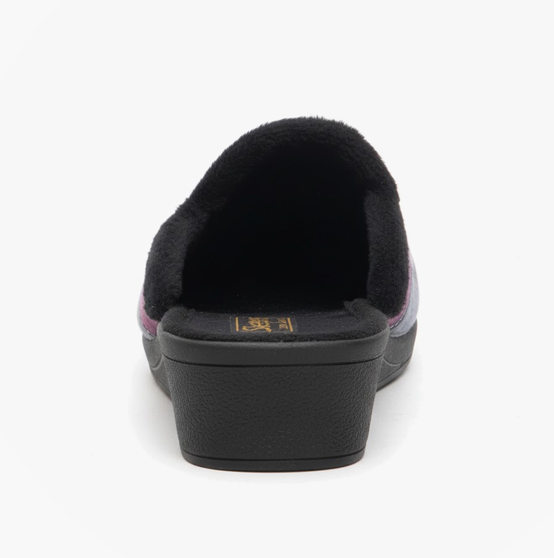 Sleepers KIMBERLY Womens Mule Slippers Black Multi back view showing soft lining and rounded toe, flat heel design.