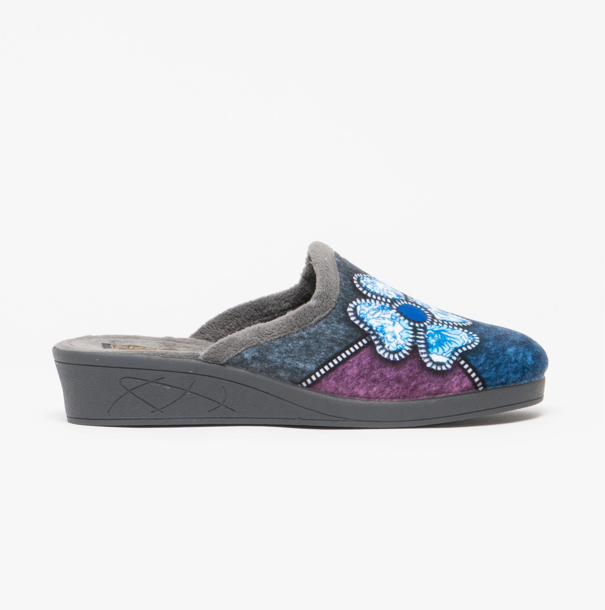 Sleepers KIMBERLY Womens Mule Slippers Grey Multi side view with floral design and flat sole. Comfortable textile upper.