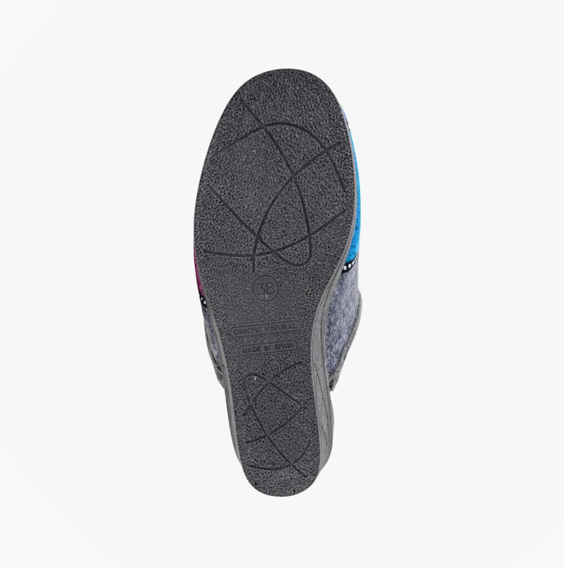 Sleepers KIMBERLY Womens Mule Slippers Grey Multi, view of the sole with rubber texture, showcasing durability and grip.