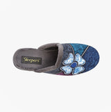 Sleepers KIMBERLY Womens Mule Slippers Grey Multi top view with floral design on a blue textile upper.