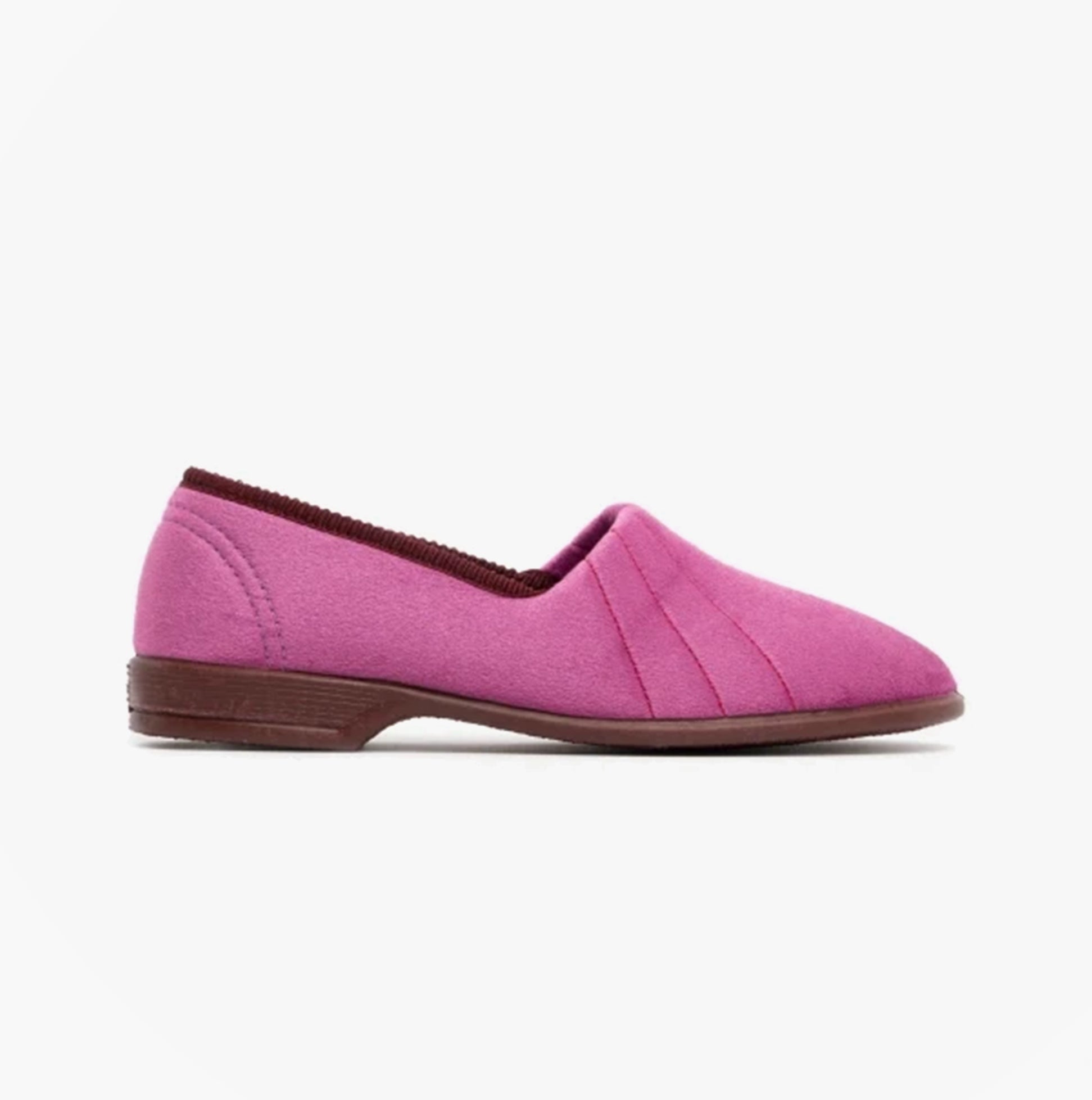 Sleepers AUDREY III Womens Wide Fit Full Slippers Plum side view showing flat sole and textile upper.