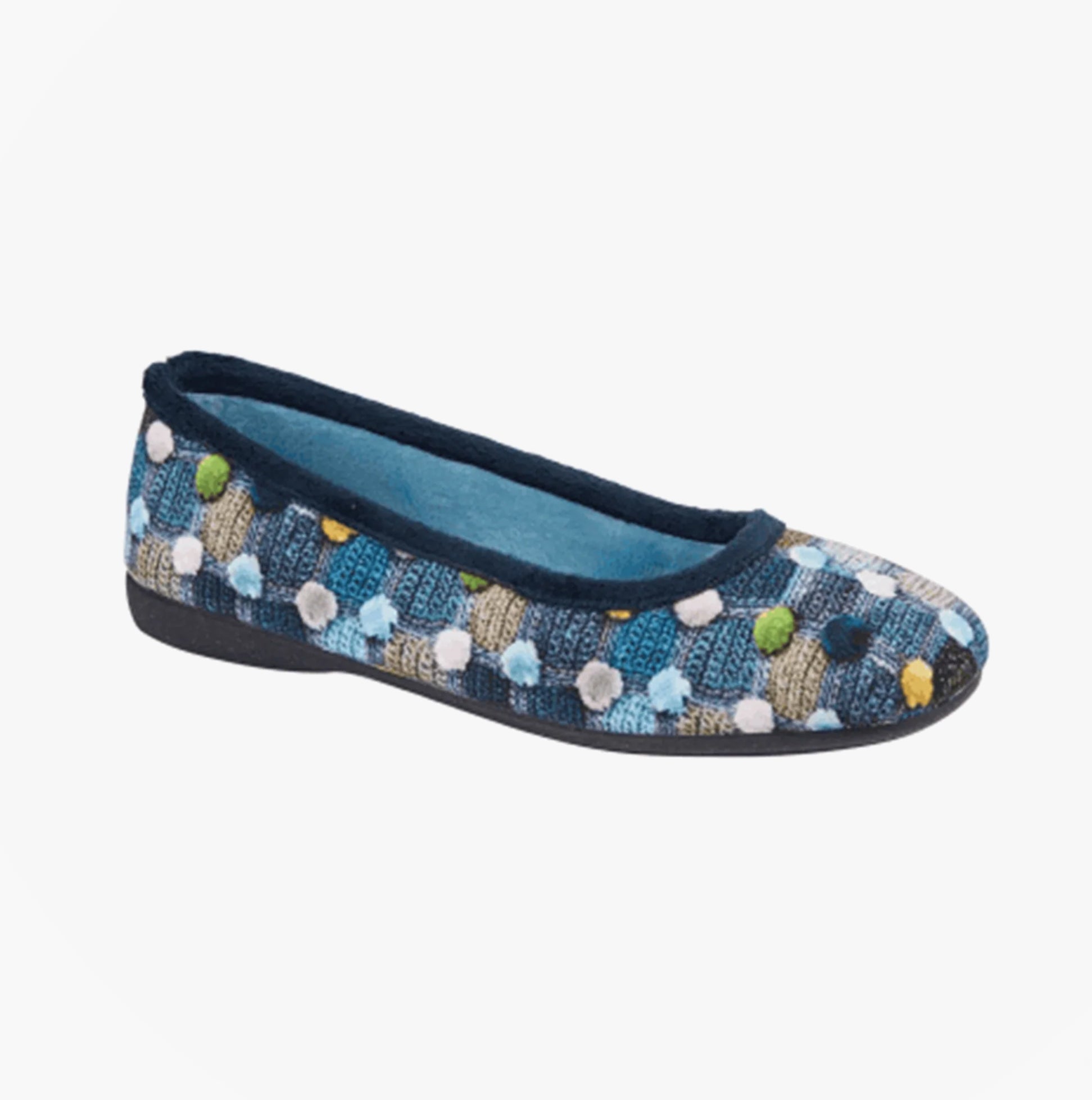 Sleepers SAMIRA Womens Polka Dot Velour Lined Ballet Slippers Blue/Multi side view showcasing colorful polka dots and soft lining.