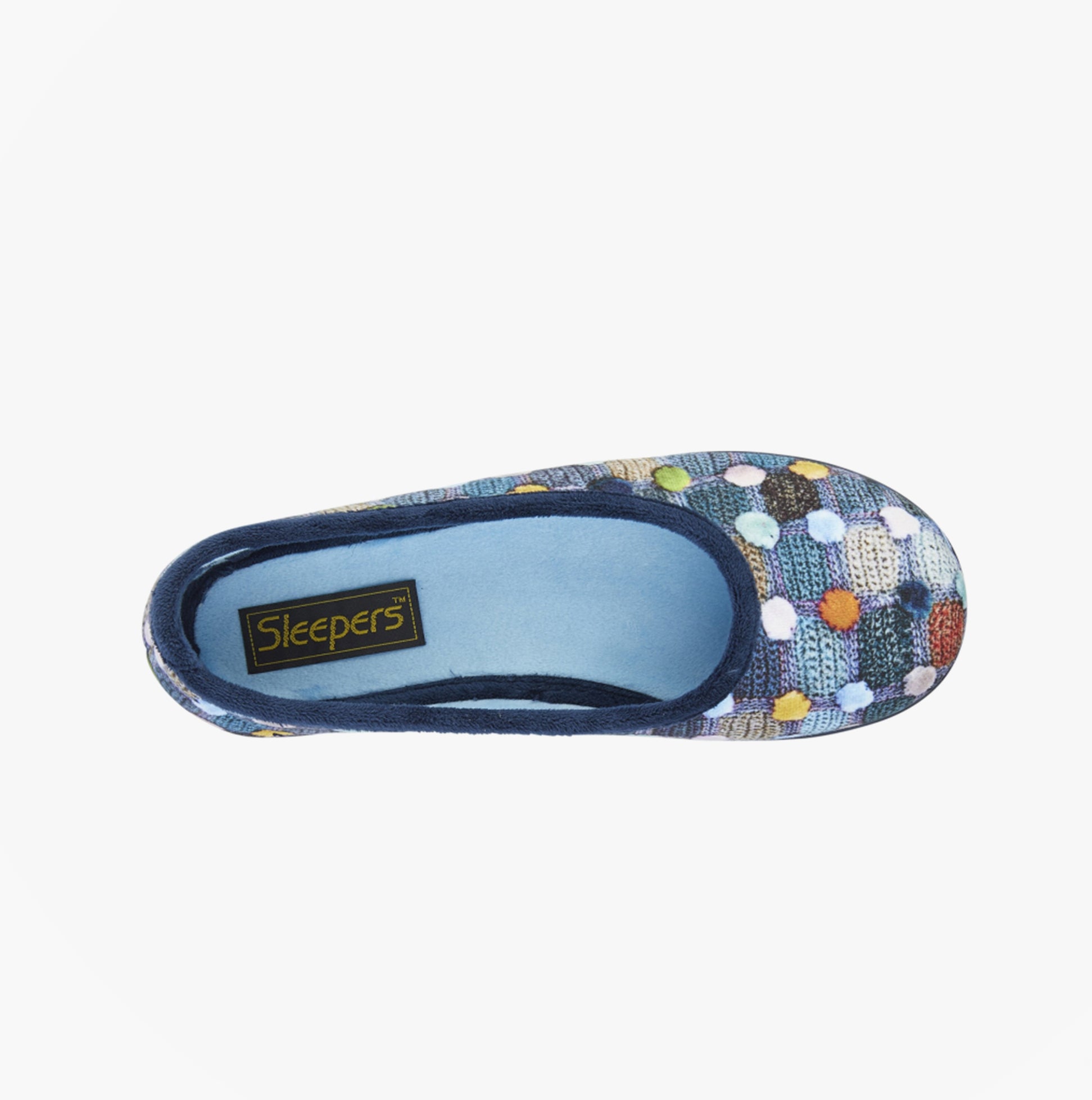 Sleepers SAMIRA Womens Polka Dot Velour Lined Ballet Slippers Blue/Multi top view showcasing colorful polka dots.