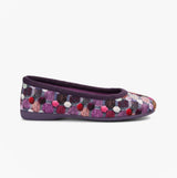 Sleepers SAMIRA Womens Polka Dot Velour Lined Ballet Slippers Purple/Multi side view showing colorful polka dot design.