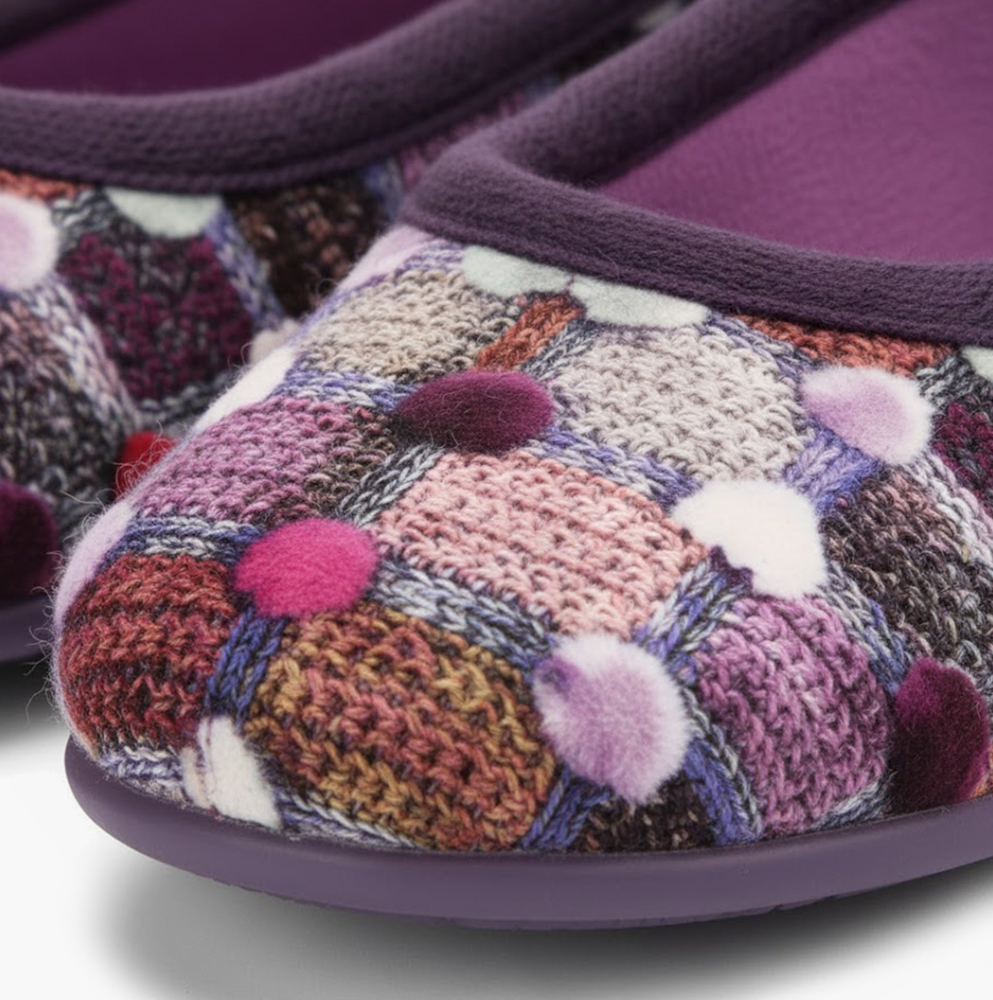 Sleepers SAMIRA Womens Polka Dot Velour Lined Ballet Slippers Purple/Multi close-up detail view of patterned fabric and rounded toe.