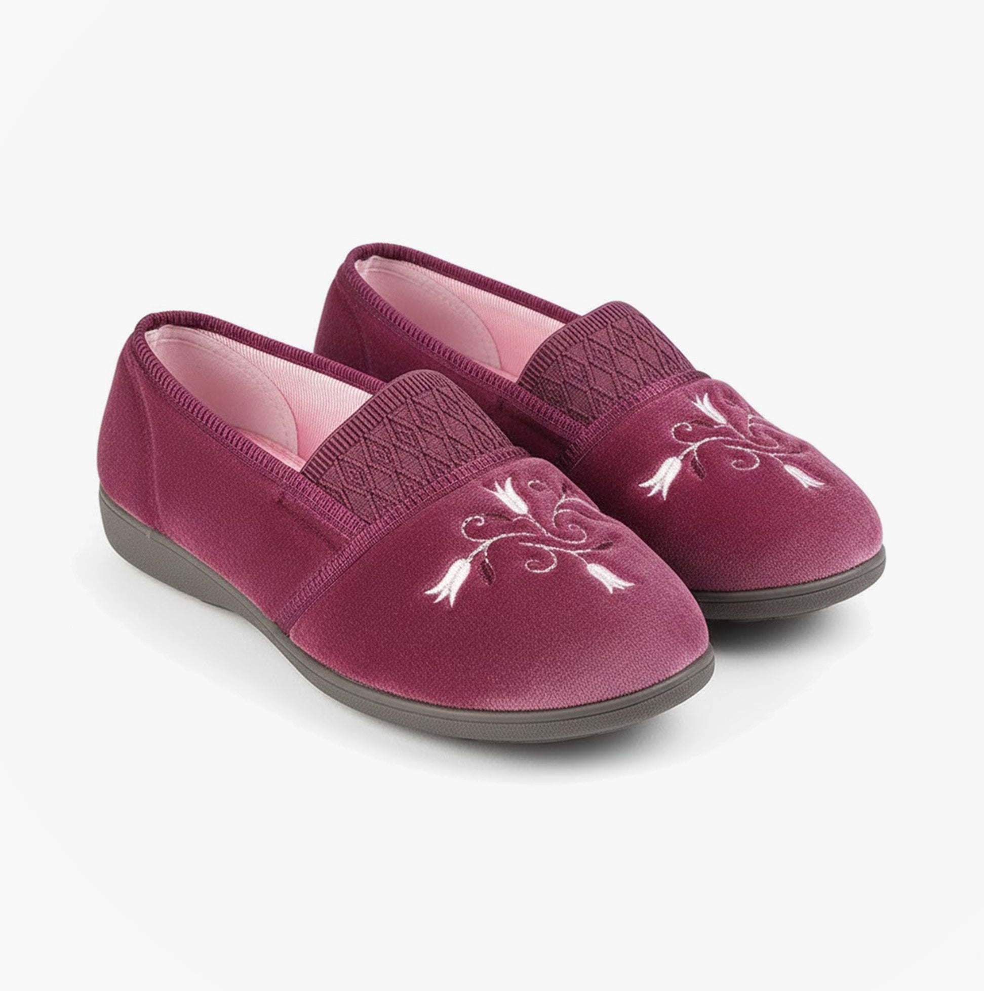 Sleepers INEZ Womens Full Slippers Heather front view showing burgundy velvet upper with floral embroidery.