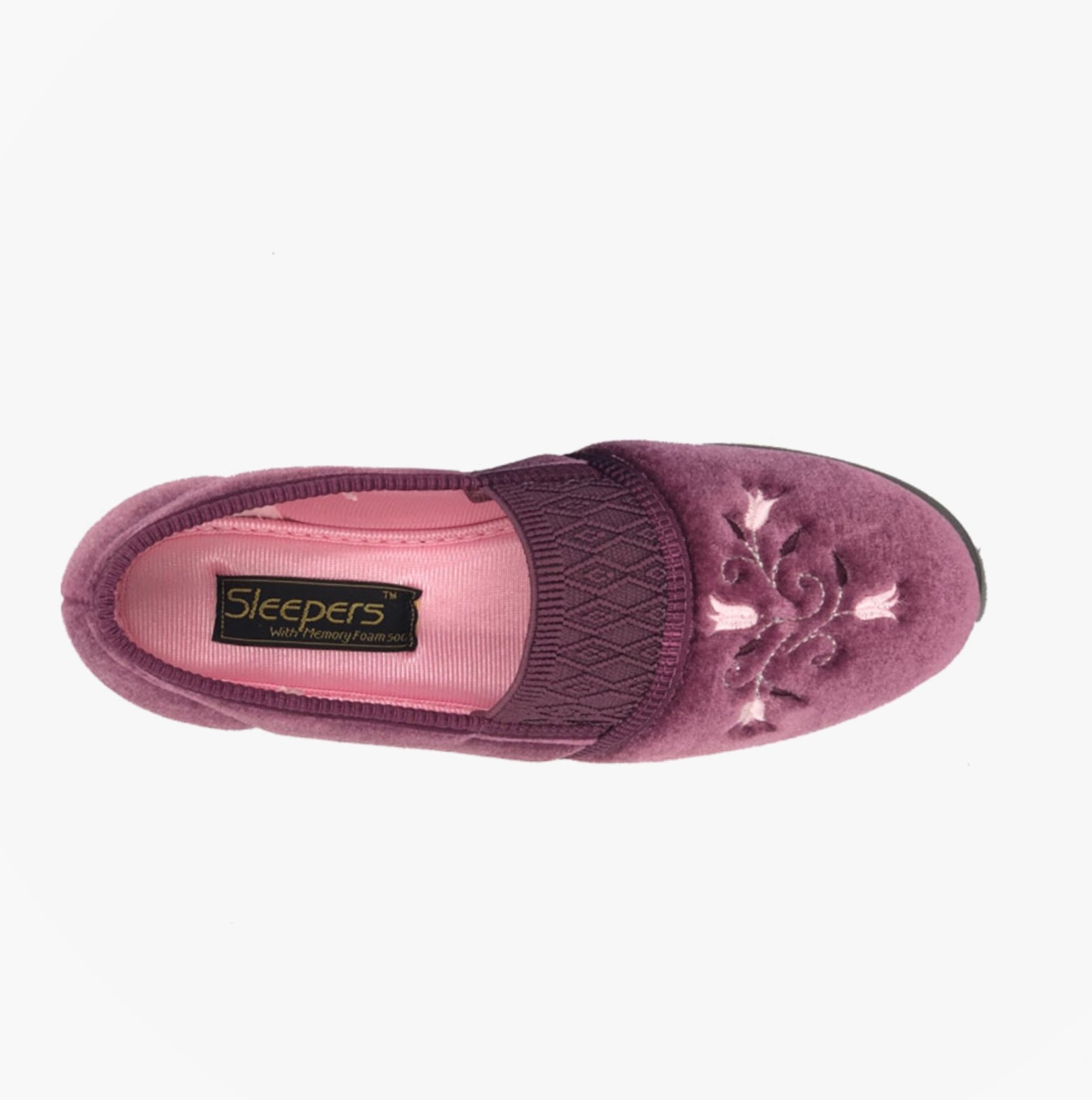Sleepers INEZ Womens Full Slippers Heather top view showing purple textile upper and embroidered details.