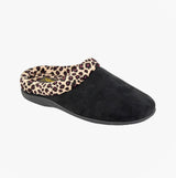 Sleepers CARMEN Womens Mules Slippers Black/Ocelot side view showing soft black textile upper and leopard print lining.