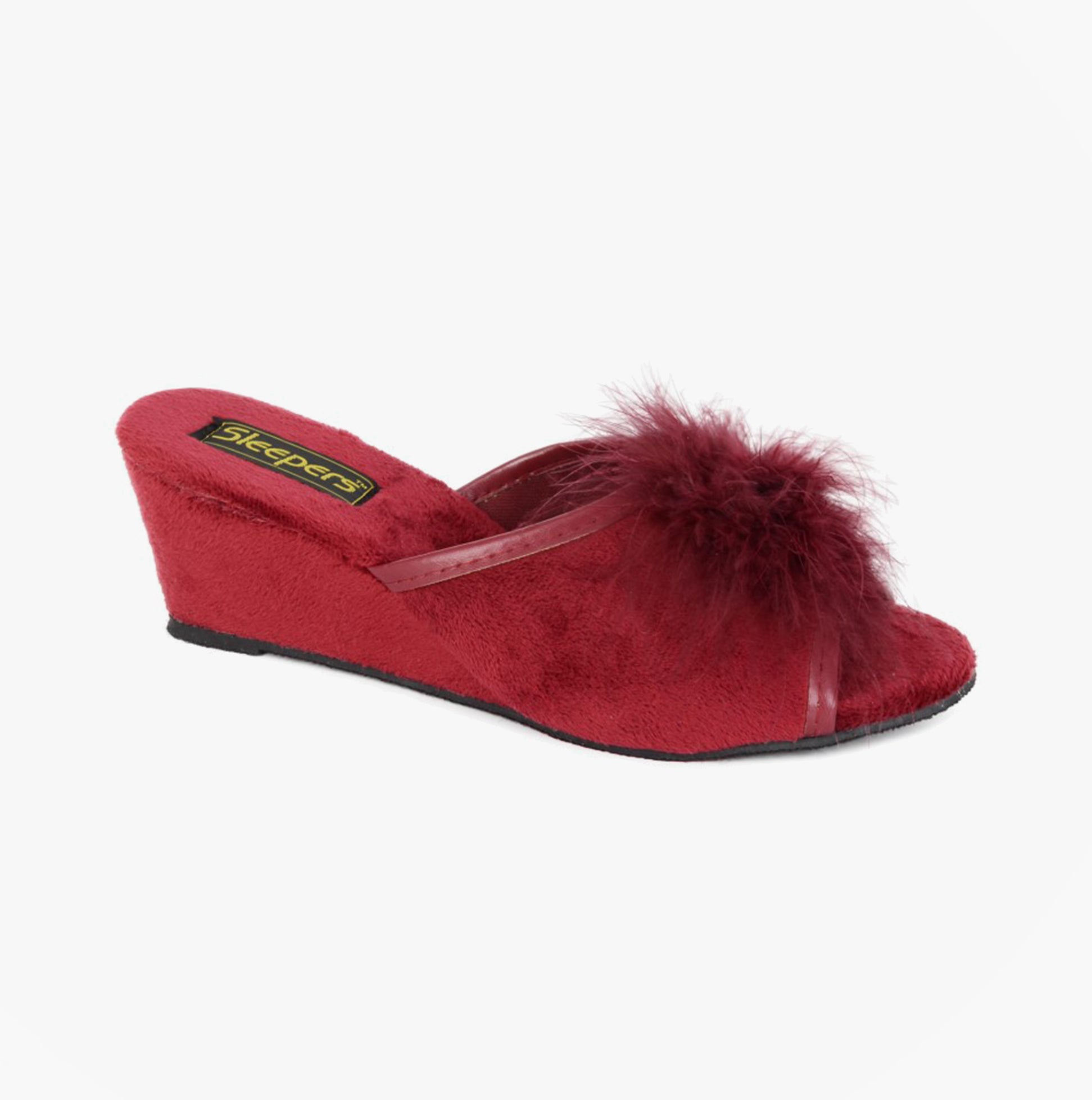 Sleepers ANNE Womens Mules Slippers Burgundy side view with fluffy detail and wedge heel.