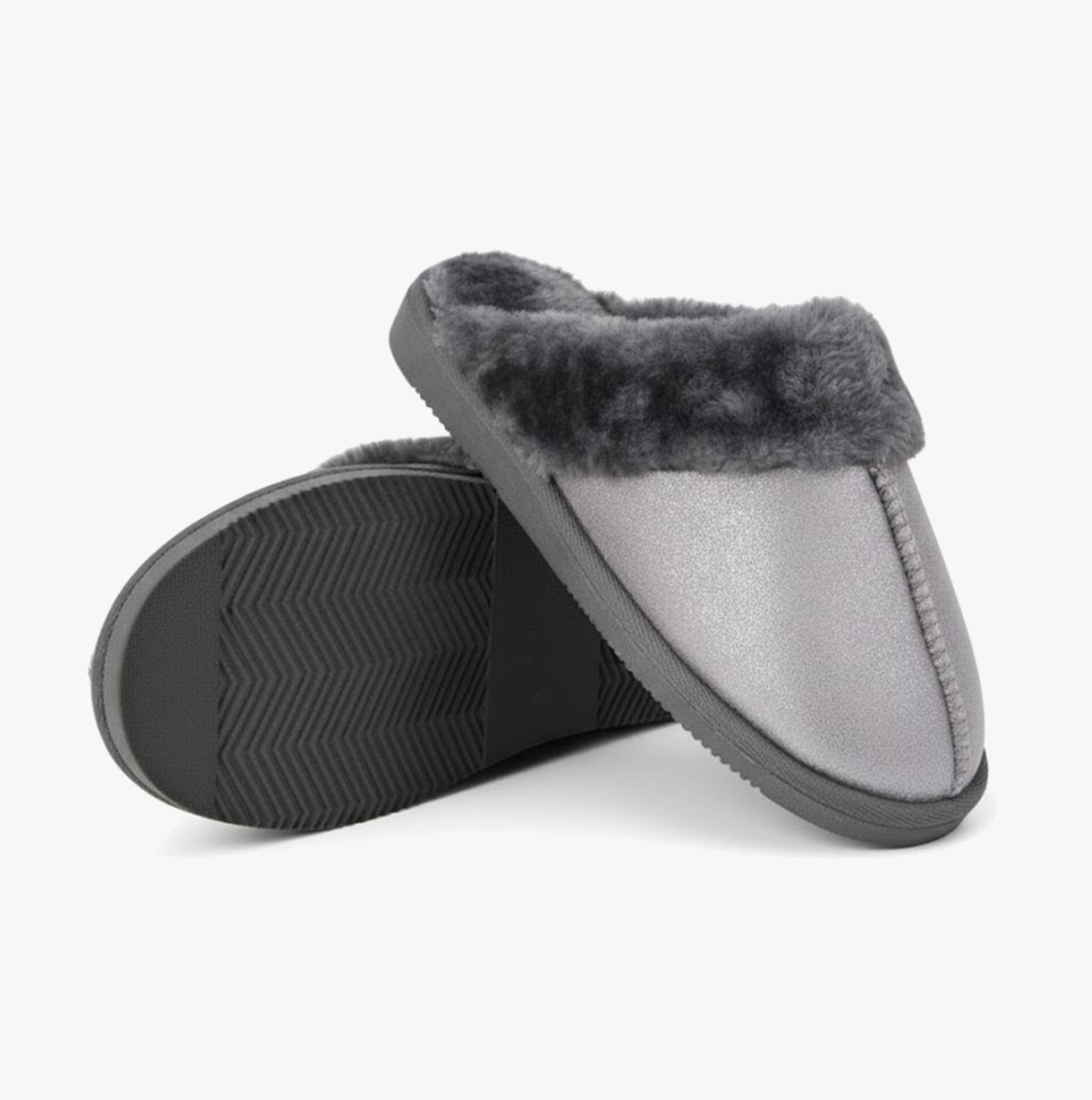 Sleepers JULIET Womens Fur Cuff Sparkle Mules Silver side view showcasing soft fur lining and flat sole.