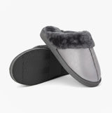 Sleepers JULIET Womens Fur Cuff Sparkle Mules Silver side view showcasing soft fur lining and flat sole.