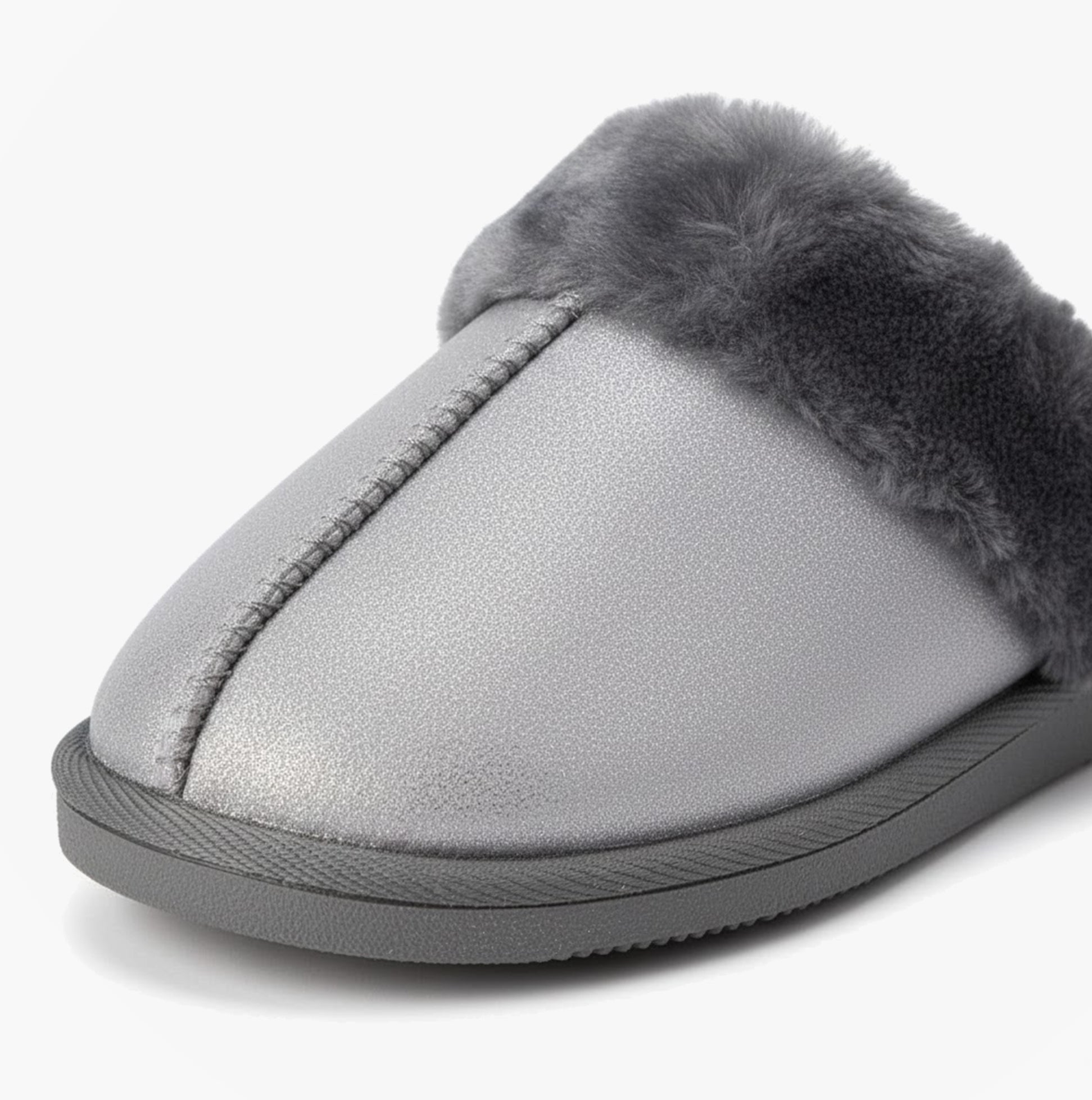 Sleepers JULIET Womens Fur Cuff Sparkle Mules Silver detail view showing soft fur cuff and shiny upper material.