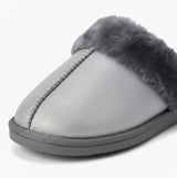 Sleepers JULIET Womens Fur Cuff Sparkle Mules Silver detail view showing soft fur cuff and shiny upper material.