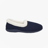 Sleepers SANDIE II Womens Textile Collared Full Slippers Navy side view showcasing soft lining and flat sole.