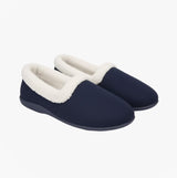 Sleepers SANDIE II Womens Textile Collared Full Slippers Navy side view showing warm lining and round toe design.