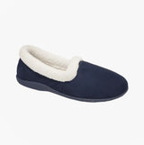 Sleepers SANDIE II Womens Textile Collared Full Slippers Navy side view featuring warm lining and slip-on design.