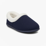 Sleepers SANDIE II Womens Textile Collared Full Slippers Navy side view showing soft textile upper and warm lining.