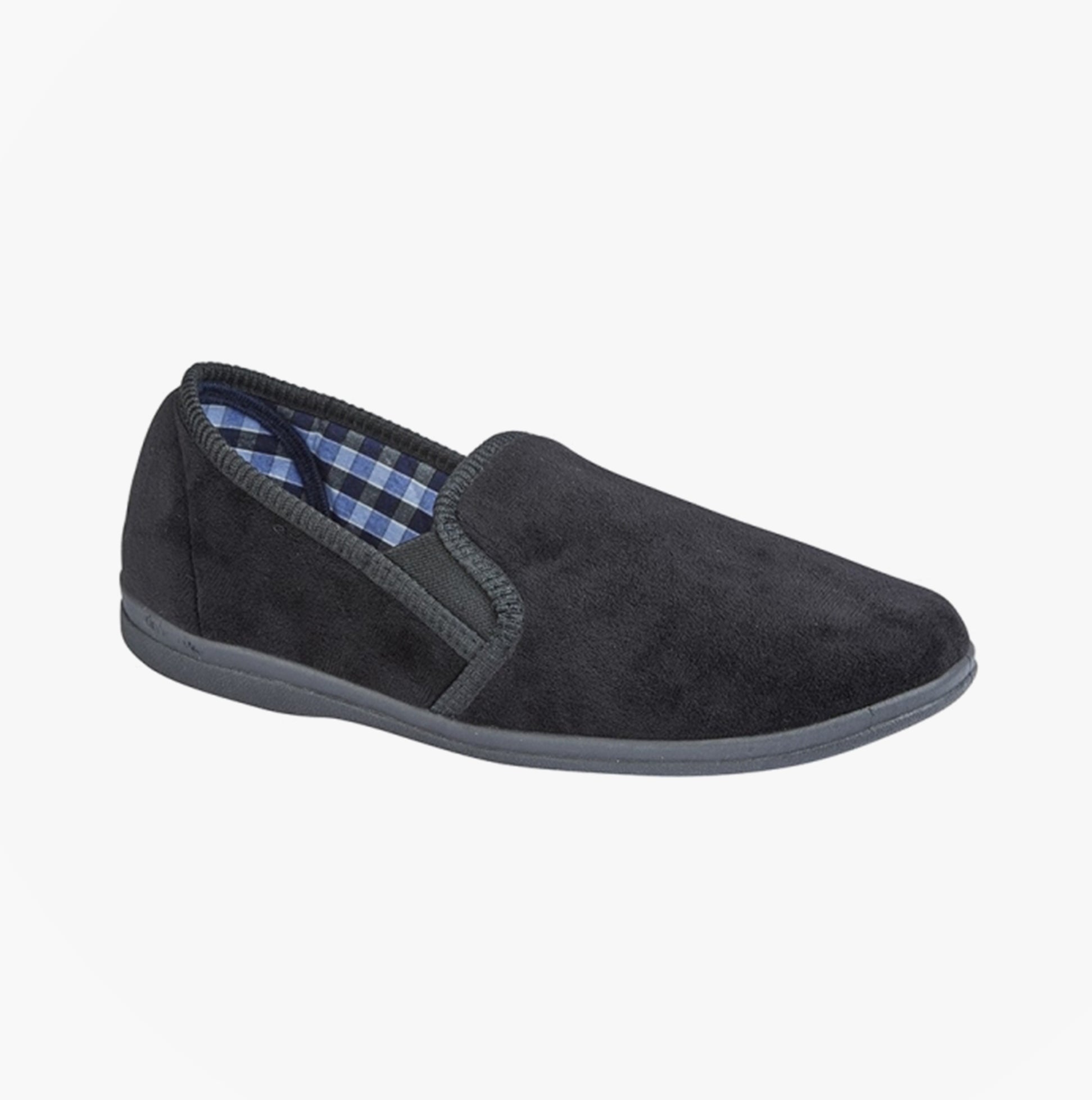 Sleepers WILSON Mens Twin Gusset Slipper Black Plush Velour side view showing soft fabric and slip-on design.