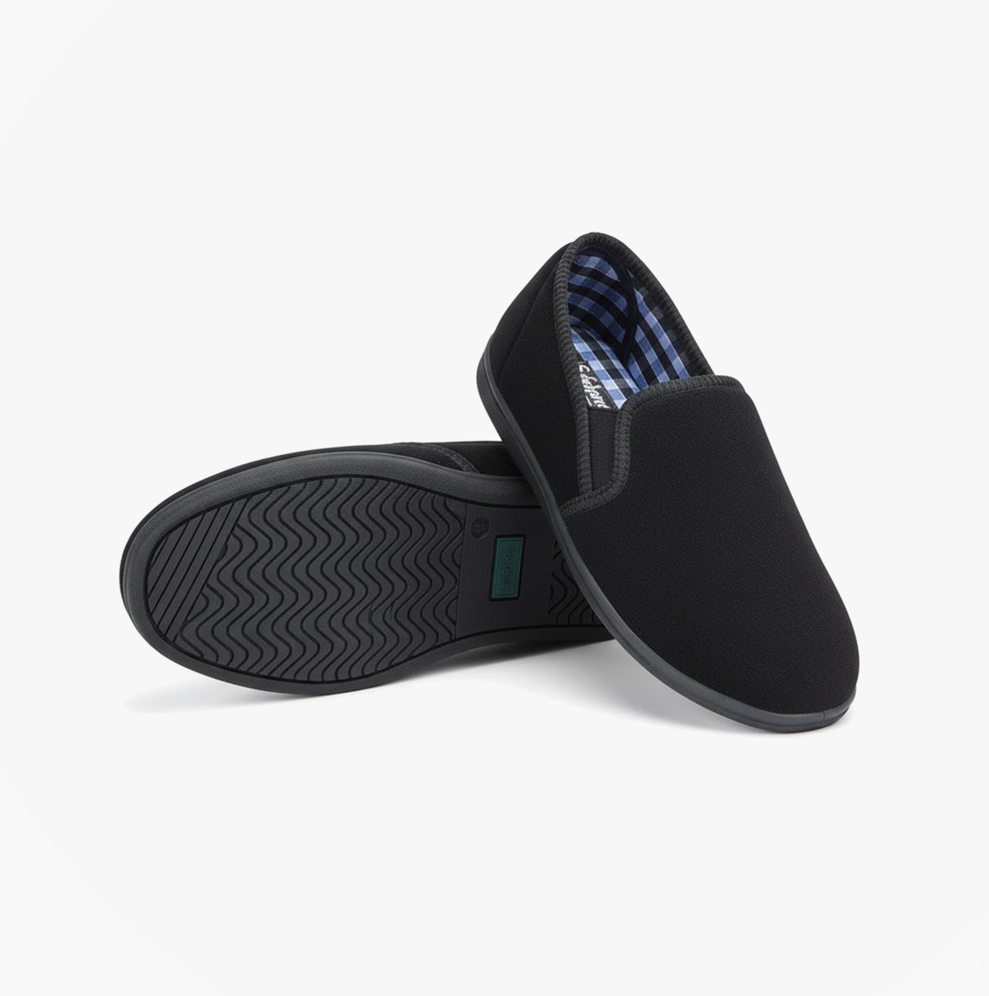 Sleepers WILSON Mens Twin Gusset Slipper Black Plush Velour side view showcasing slip-on design and rubber sole.