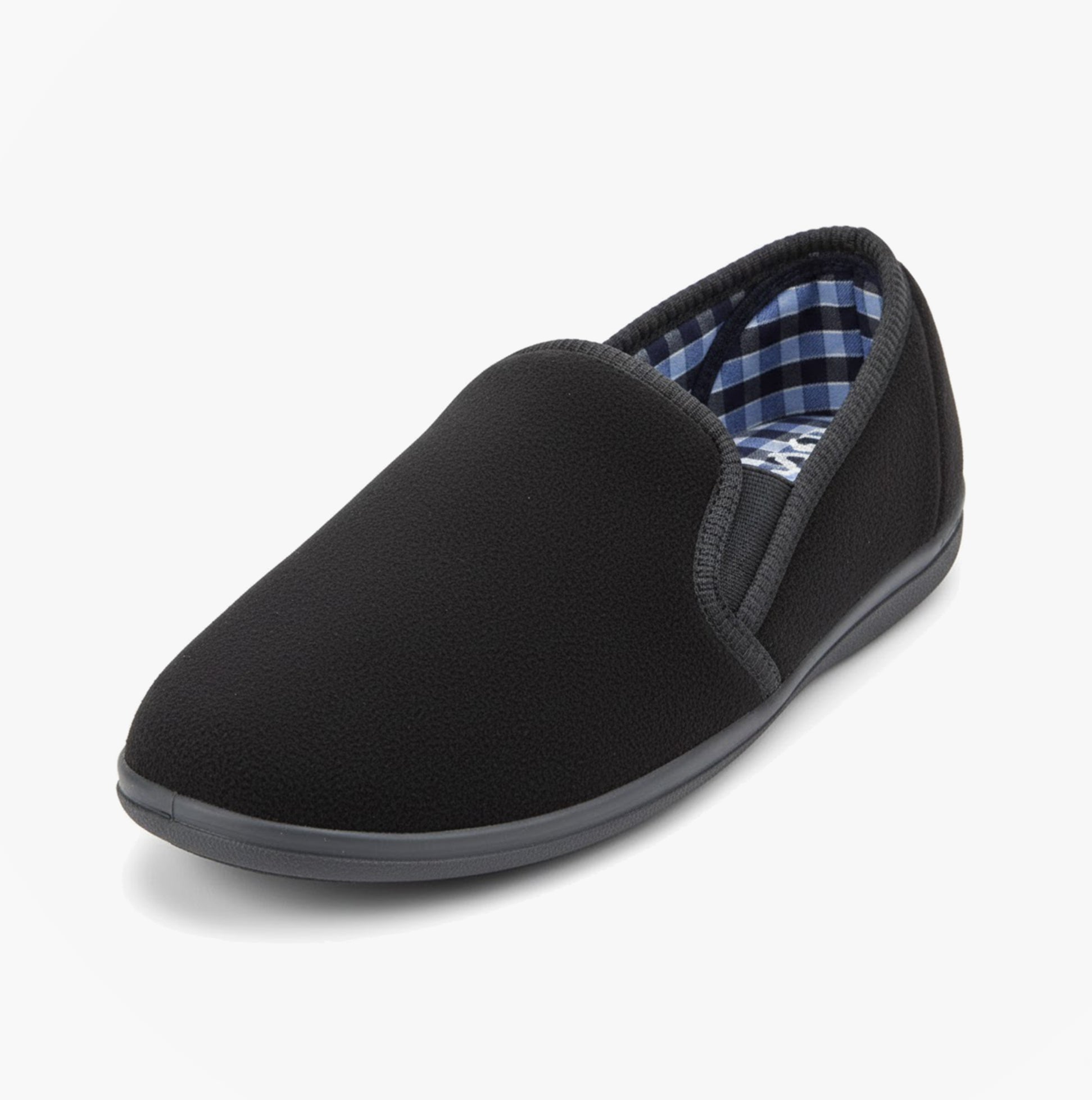 Sleepers WILSON Mens Twin Gusset Slipper Black Plush Velour side view showing soft fabric and slip-on design.