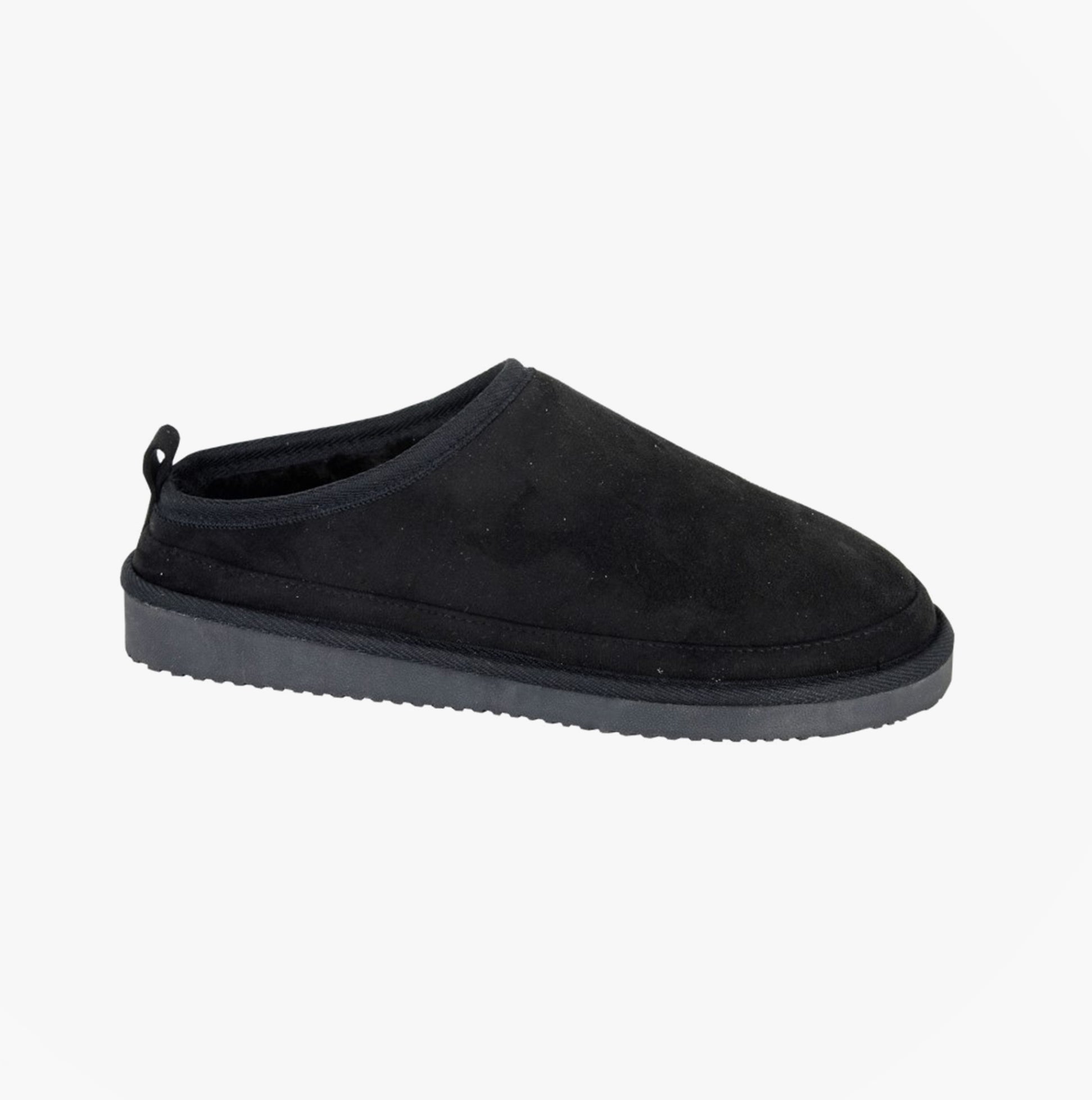 Sleepers DAVID Mens Mules Slippers Black side view showcasing suede upper and faux fur lining.