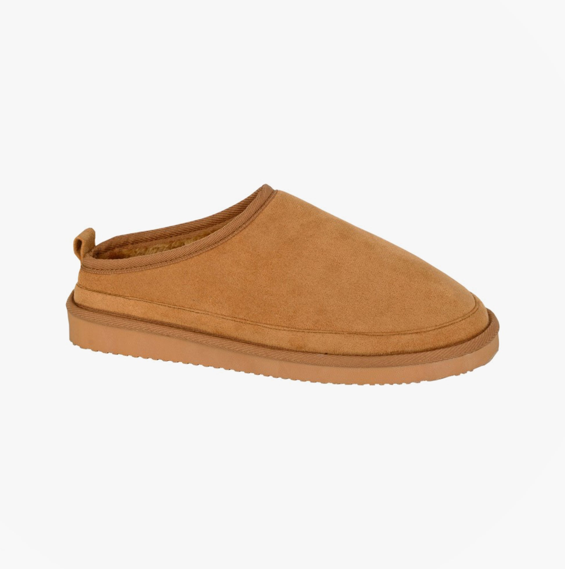 Sleepers DAVID Mens Mules Slippers Tan side view showing suede upper and faux fur lining.