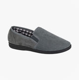 Sleepers HARRY Mens Full Slippers Slippers Grey side view of the slip-on slippers with textured fabric and plaid lining.